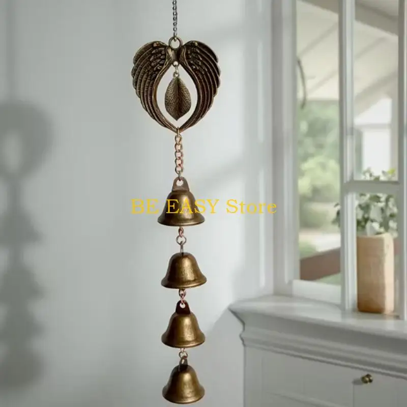 E28F Easyly Installation Wind Bells Featuring Durability Metal Heart Wing Bells Clear Tones for Garden Patios Decoration