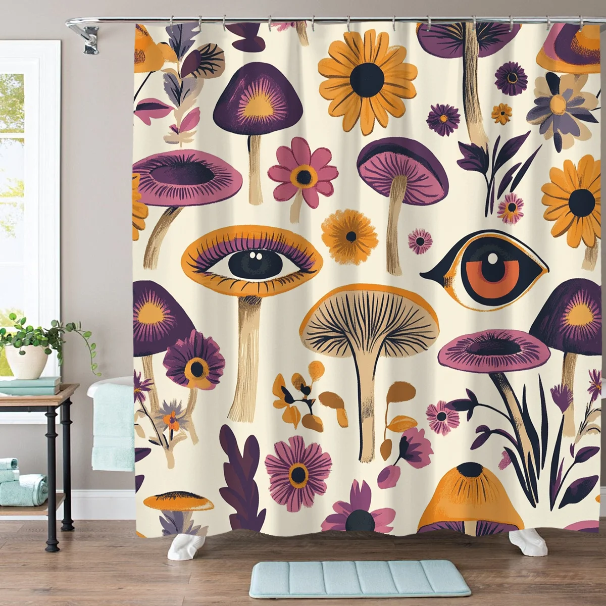 

1 упаковка, полиэстеровая занавеска для душа с яркими грибами и цветочным принтом, красивый дизайн, идеально подходит для украшения домашней ванной комнаты