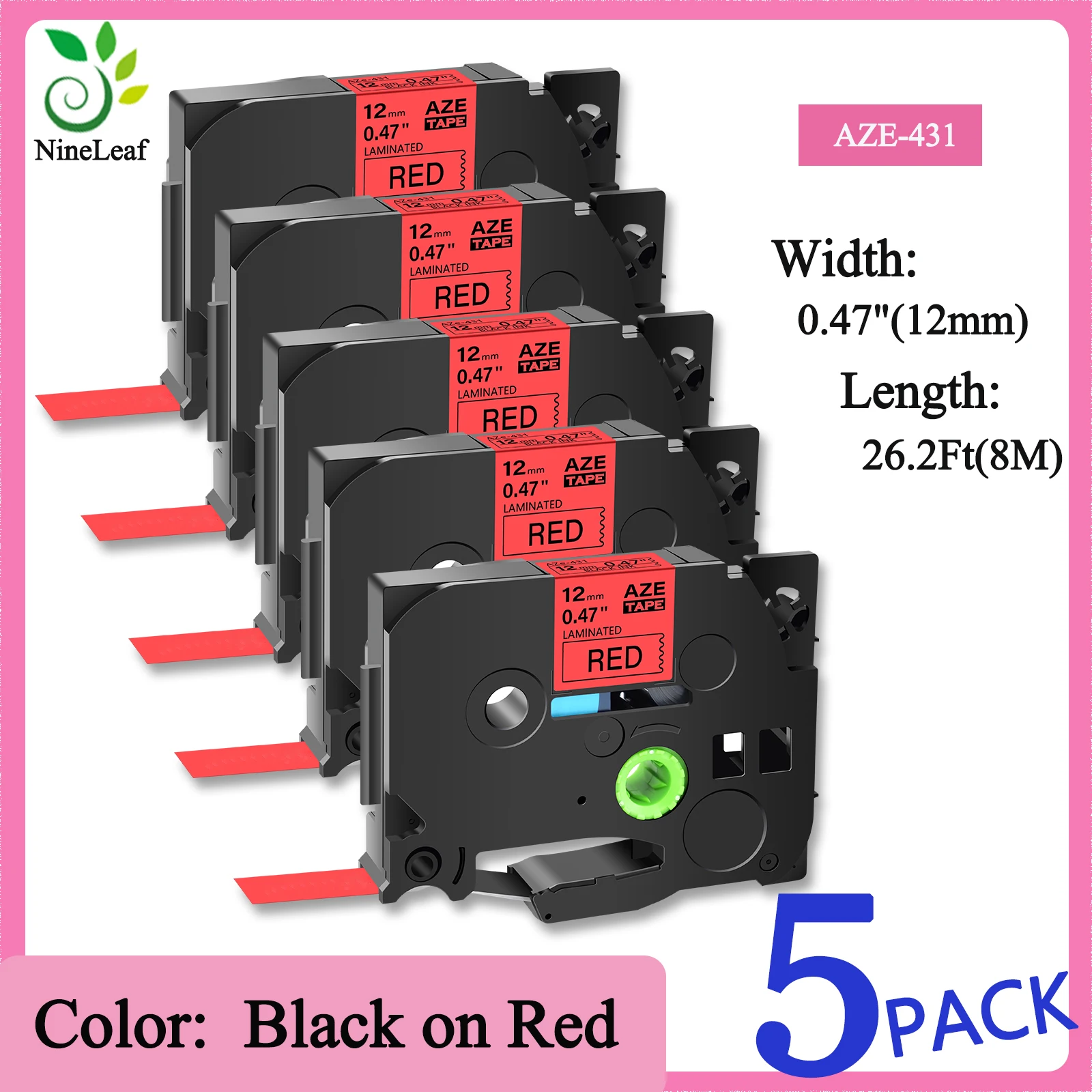 5PK Label Tape Laminated Compatible Brother TZe-431 12mm*8M Black on Red Cartridge Cassette For P-Touch PTD410 GL-100 PT-1000