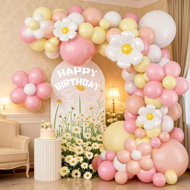 Kit de arco de globos de margaritas de primavera de 144 piezas, decoración de fiesta de feliz cumpleaños, juego de globos de flores rosas y amarillas, adecuado para fiestas de cumpleaños de primavera, baby showers, bodas al aire libre, decoraciones para f