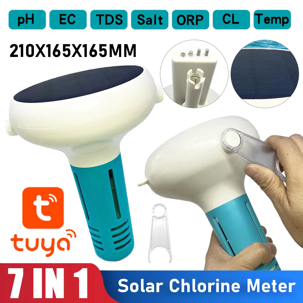 1 peça 7 em 1 testador de qualidade da água da piscina movido a energia solar medidor de cloro inteligente ph/orp/ec/tds/sal/temperatura/cl testador controle de aplicativo sem fio