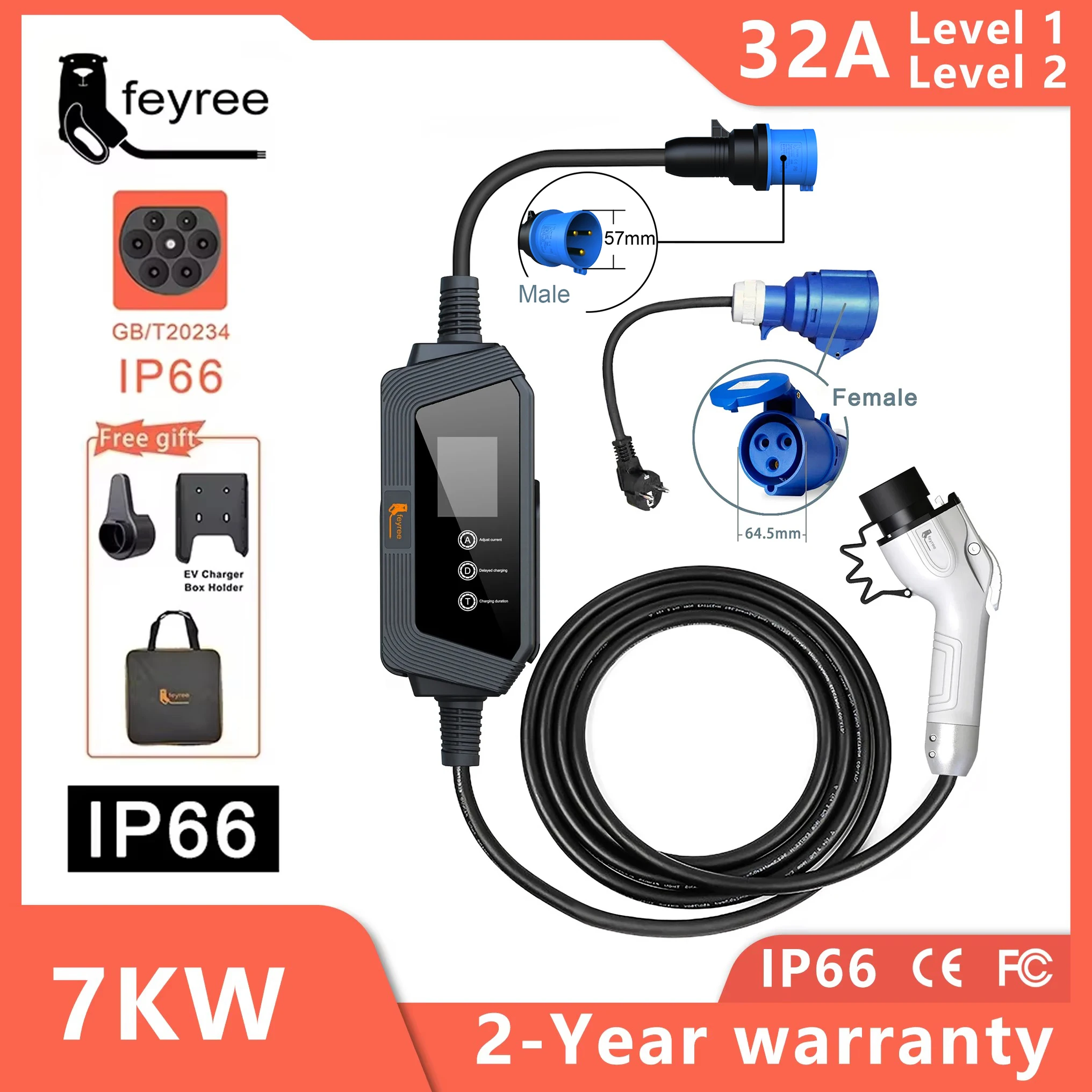 feyree 7KW 32A 1Phase GBT Charger EV Charger Portable 5M Cable with CEE Plug for Electric Vehicle Car Charger EVSE Charging Box