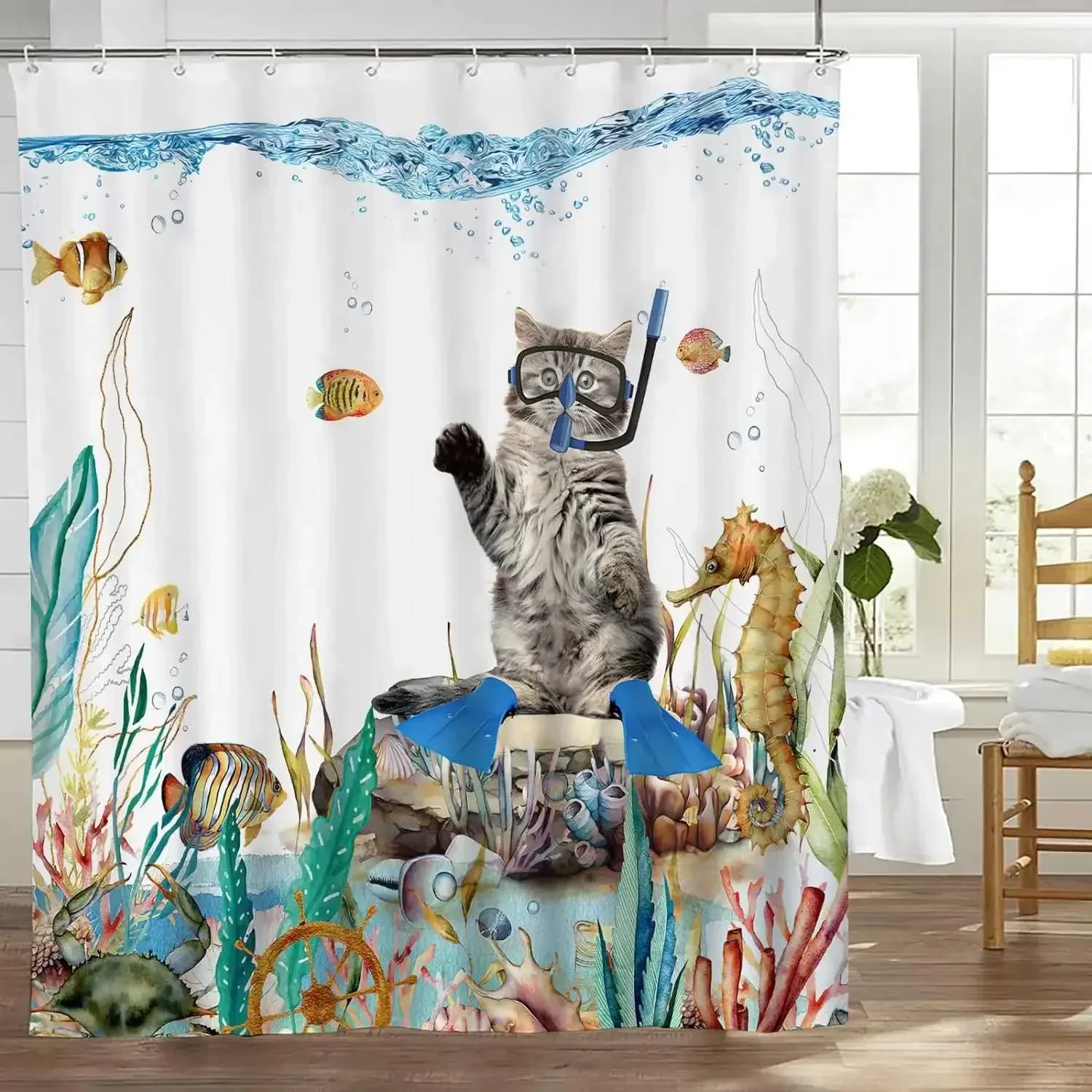 

Funny Snorkeling Cat Print Shower Curtain, Waterproof Polyester Bathroom Curtain with Hooks for Home Decor