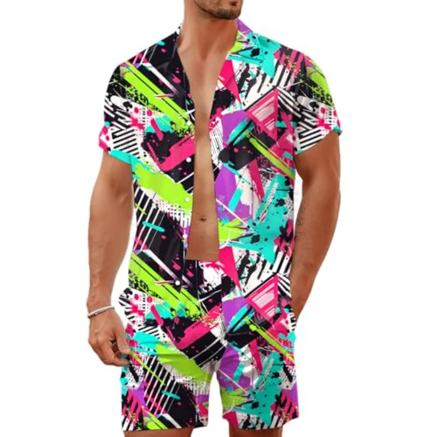 

80s 90s Men's Hawaiian Outfits 2 Pcs Shirt and Shorts Sets Button Down Beach Suits Disco Party