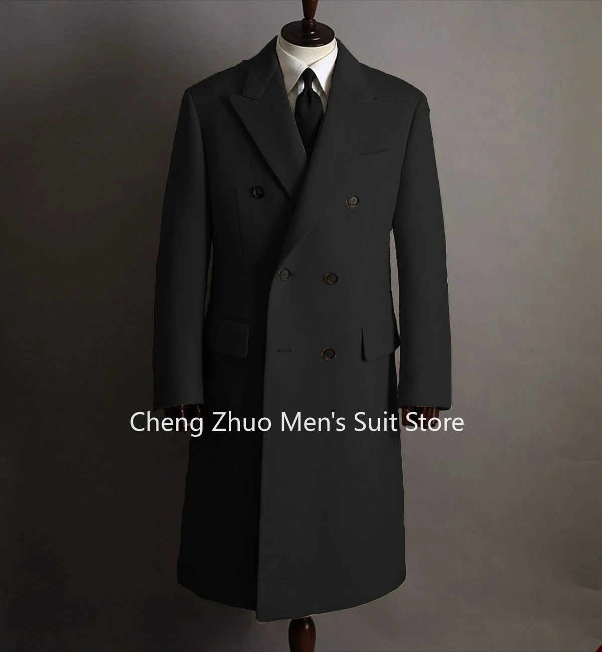Elegant Men Coat Customized Peak Lapel Double Breasted Long Coat High Quality Men Winter Jacket for Business Evening Party