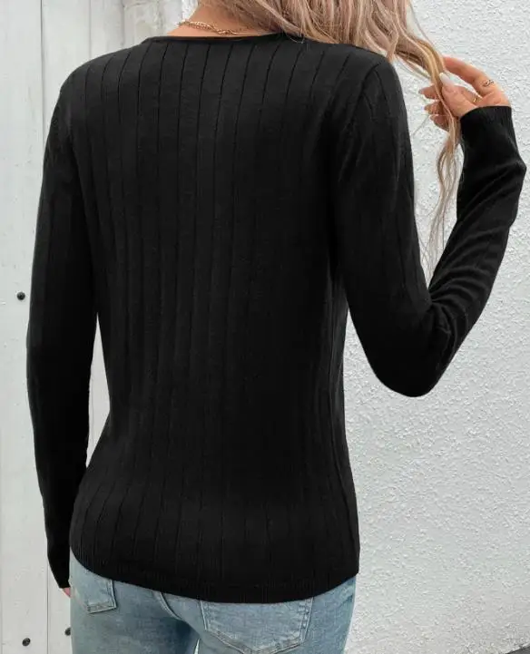 

Осенний однотонный женский свитер приталенного кроя с v-образным вырезом, простой элегантный вязаный свитер с текстурой в полоску, подходит для повседневного использования