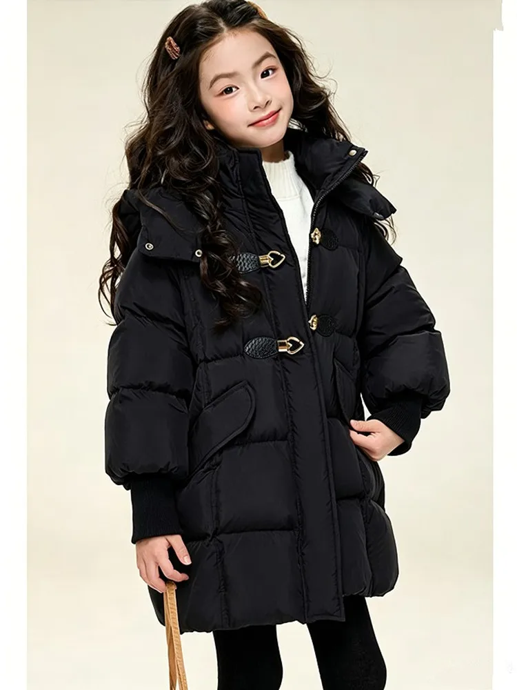 Mädchen Winter Daunenjacke 90% Weiße Entendaunen Mittellange Kapuzenparka Kinder Mädchen Warme Oberbekleidung Winddichter Kindermantel 5-14 Jahre – Detail 4