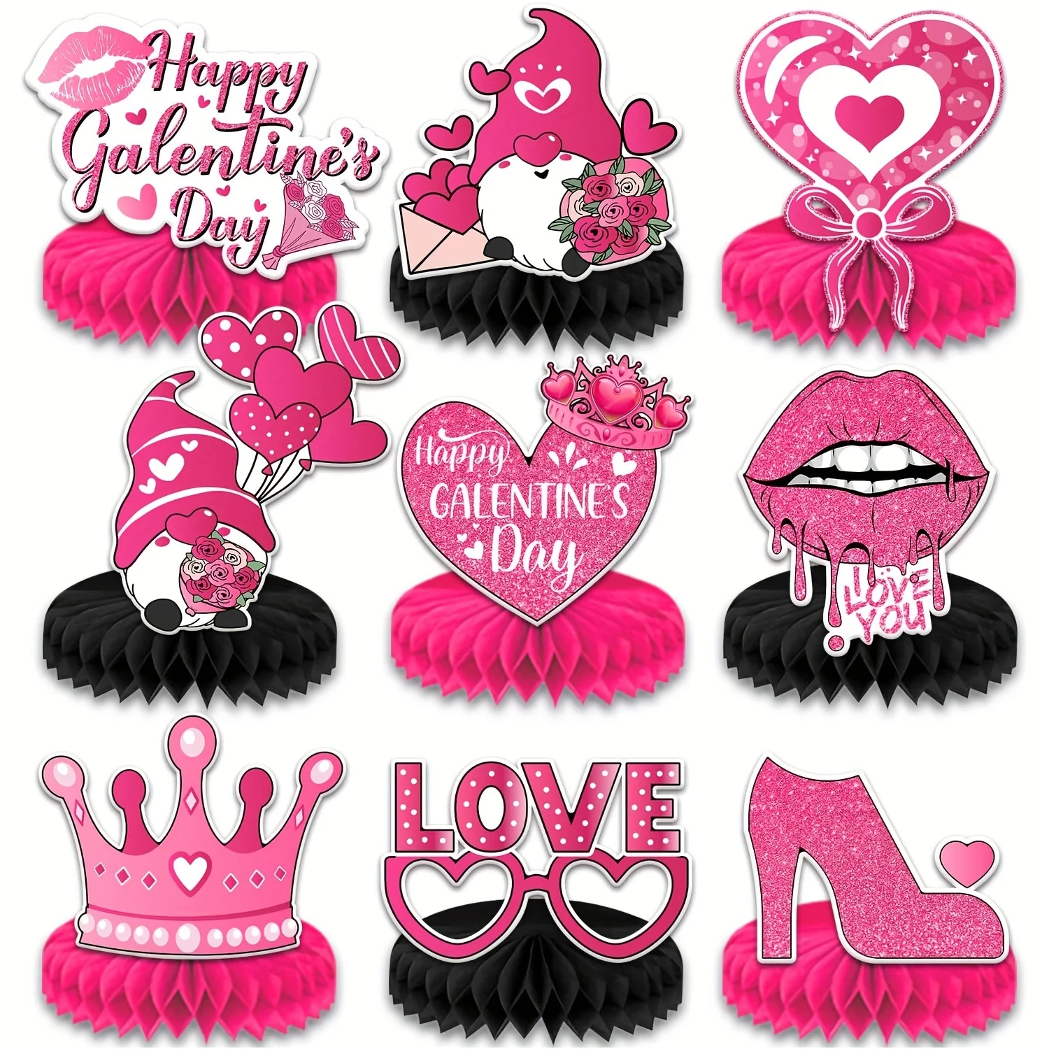 Galentines Day Decorations 9Pcs Galentines Day Honeycomb Centerpiece Table Decorations Happy Galentines Day Table Toppers