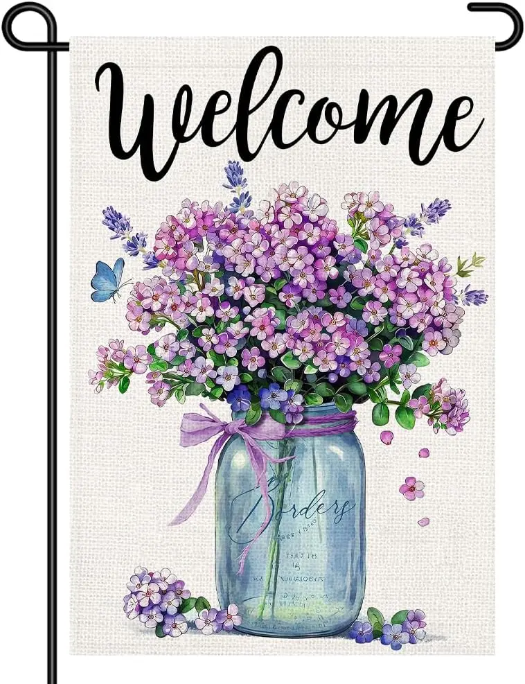 Welcome Garden Flag 12x18 Double Sided, Purple Floral Mason Jar Spring Yard Decor, Butterfly Outdoor Garden Sign Small for P ZZM