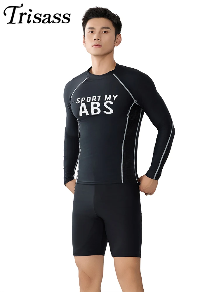

Trisass New Professional Sports Men Two Piece Swimwear Long Sleeve Swimsuit Man Plus Size L-6XL Surfing suit UV Sun Protection