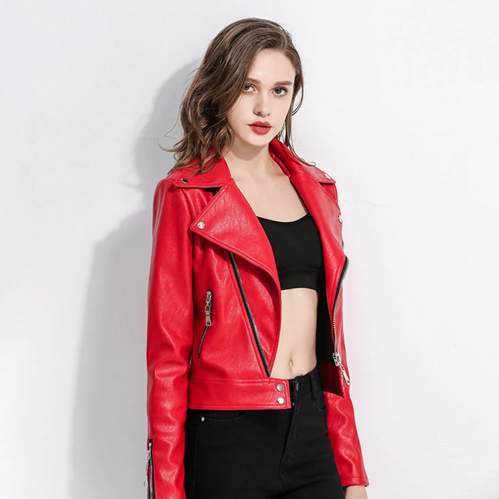 Red Motorcycle Jacket Rock Women's Motorcycle Jacket PU Leather Punk Jacket Wear Resistant Woman's Biker Coat Small Size S-XL