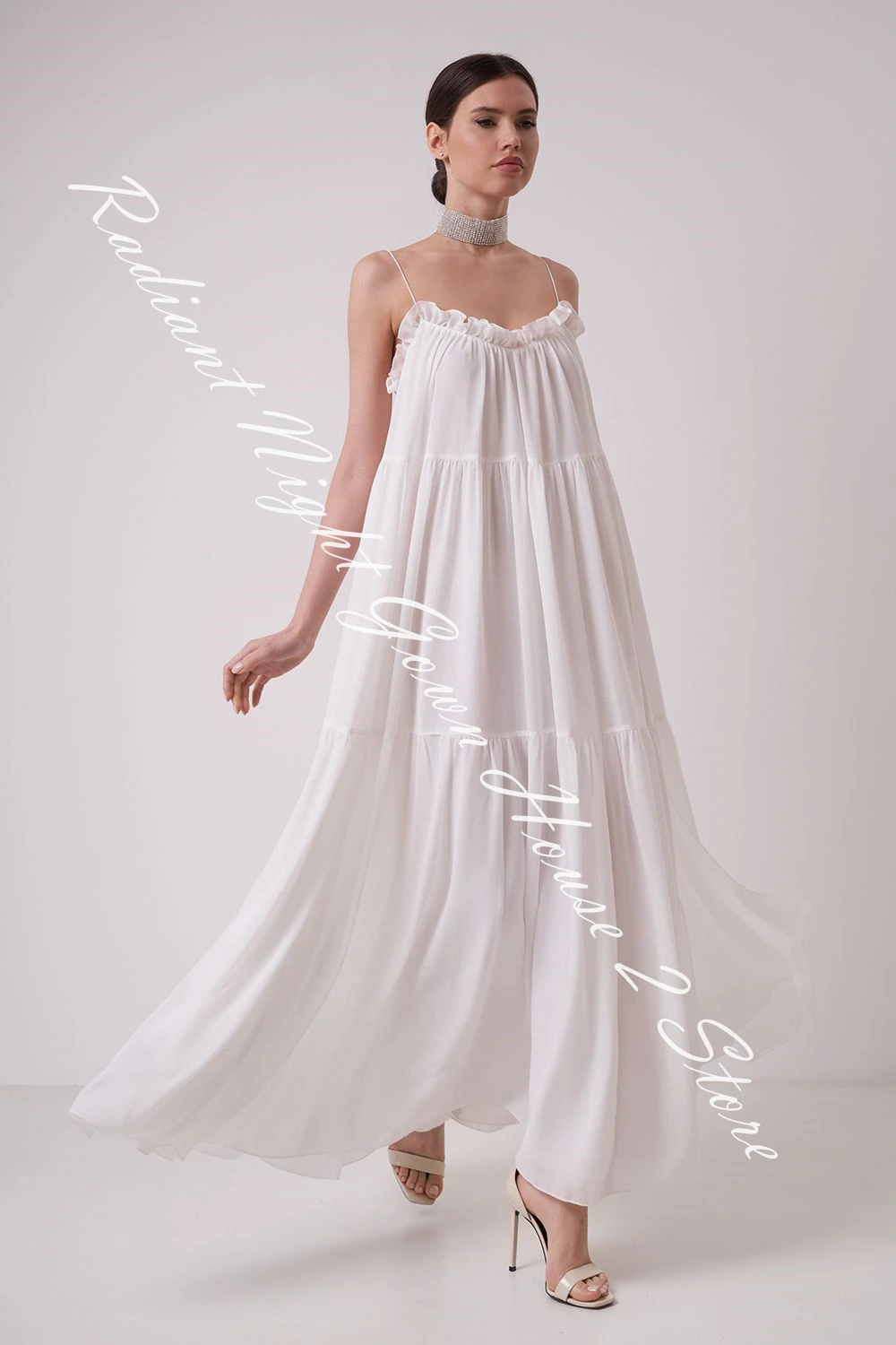 Temperament Chiffon A-Line Spaghetti Straps Evening Dress V-Neck Lace Up Back Sleeveless Floor Length Panel Train White Modern