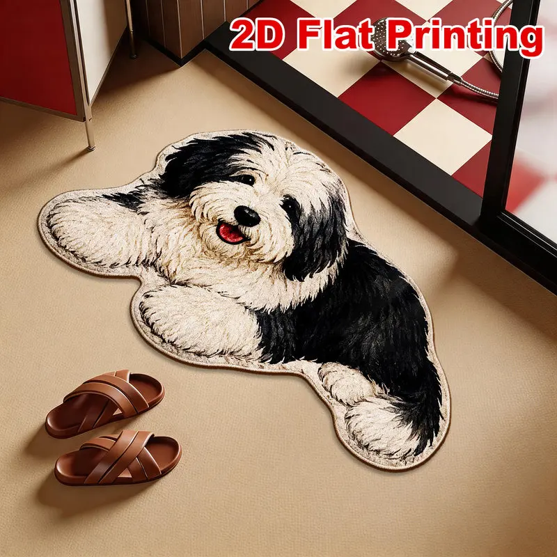 VIKAMA Black White Fluffy Sheepdog Bath Mat, Soft Flannel Plush Bathroom Rug, Non Slip Absorbent Washable Floor Mat Decor