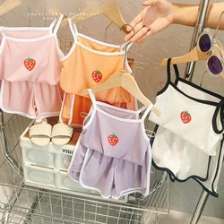 Girl Ice Silk Sling Set Summer Thin Style Baby Vest Shorts 3-8 Years Old Children Strawberry Home Clothing Girl Cute Set