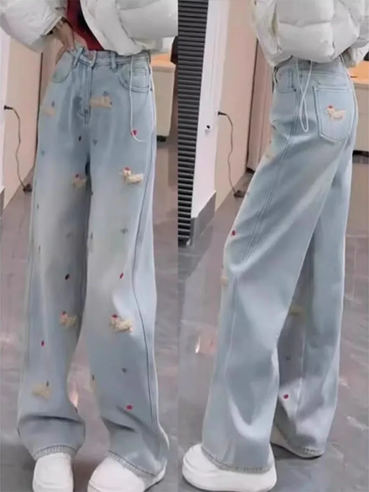 

Джинсы больших размеров с вышивкой на подкладке Fce, утягивающие свободные прямые широкие брюки с высокой талией для женщин, осень