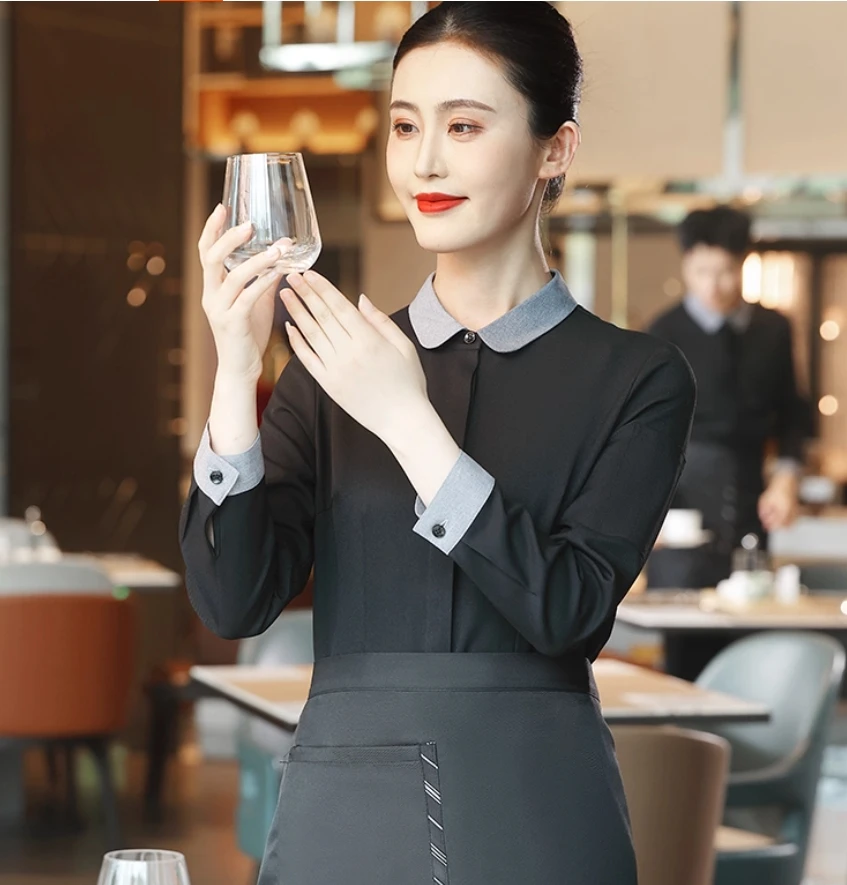 Uniforme de serveur de Restaurant à manches longues pour femmes, chemise de serveuse de café, Service alimentaire, vêtements de travail, salopette de restauration