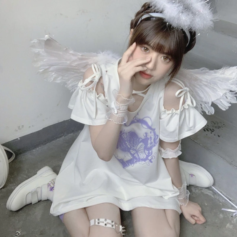 T-shirt legata con spalle scoperte con stampa a cuore Abito da donna Y2k Estetico allentato A-line Mini abiti Harajuku giapponesi