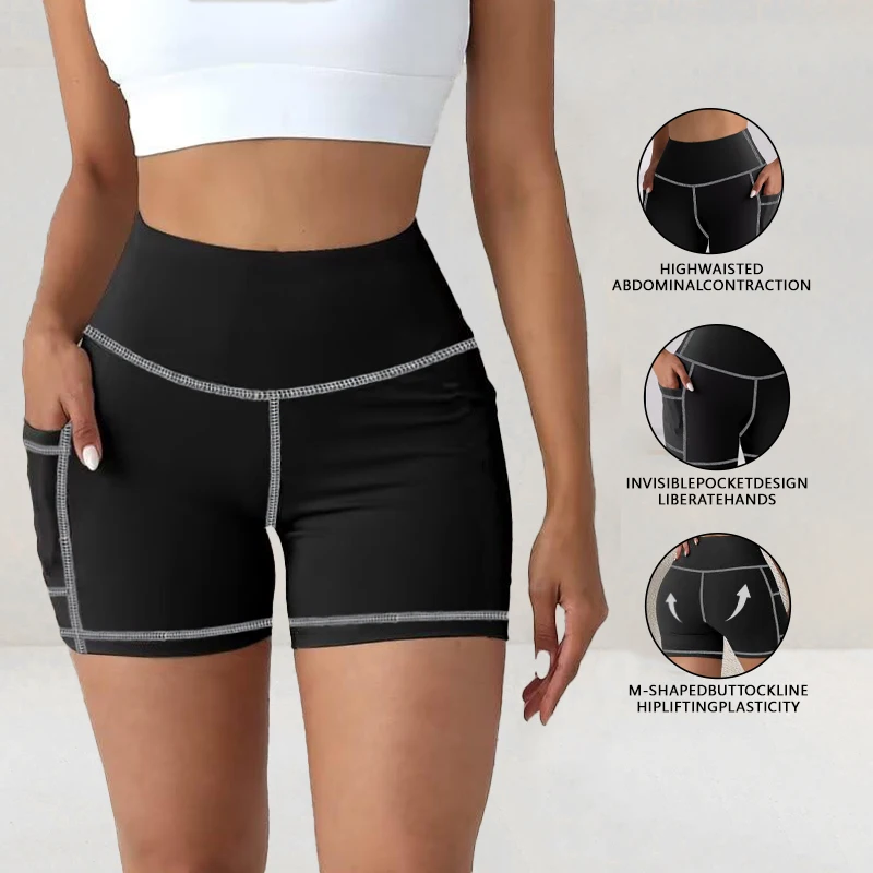 Women High Waist Leggings Yoga Shorts with Pockets Contrast Stitching Butt Lifting High Stretchy Shorts for Gym Fitness Running