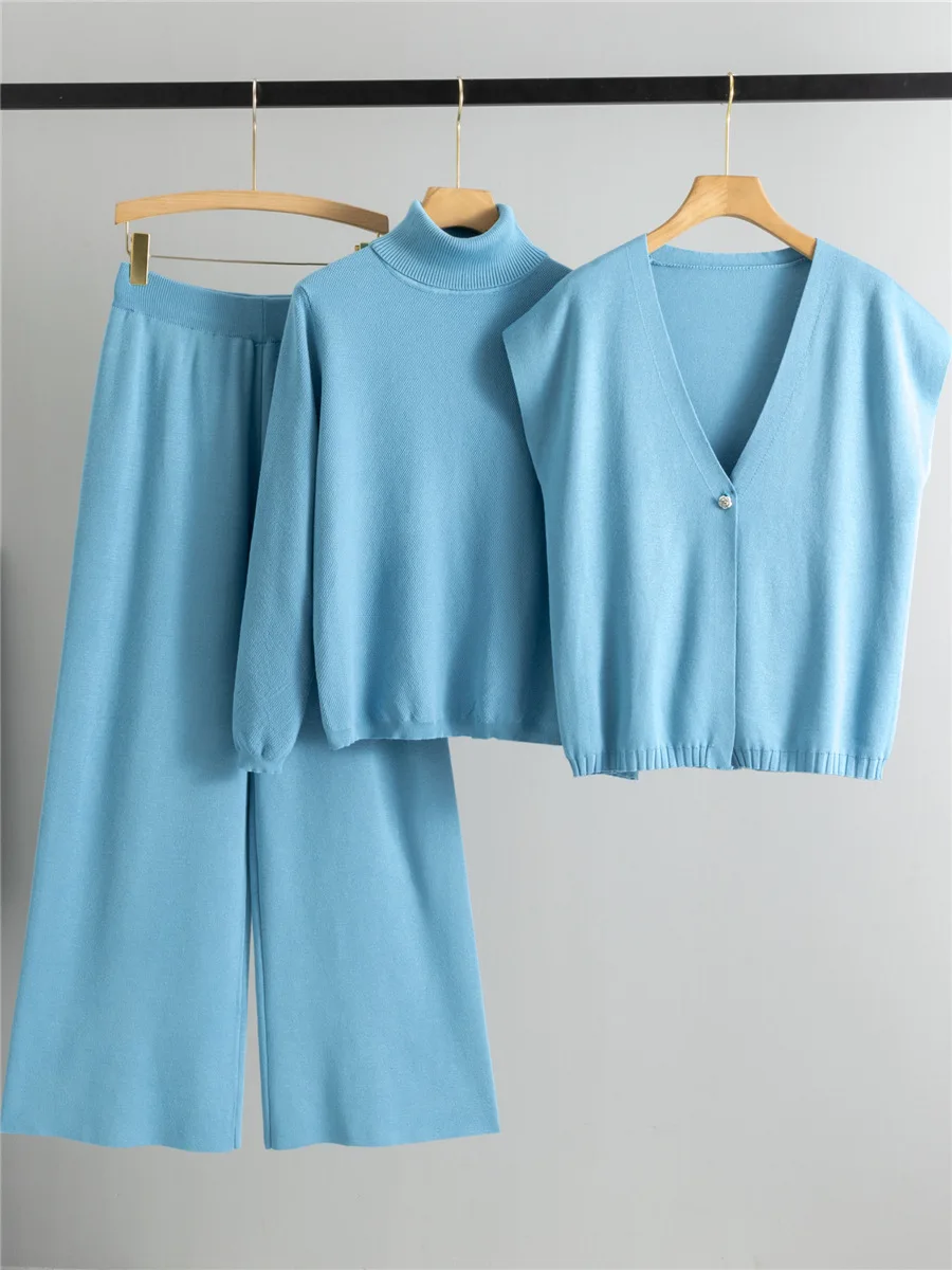 

Spring Fall Chic Knitted 3 Piece Sets Women Cardigan Vest+knitwear Pullover Sweater Tops Conjuntos High Waist Sweatpants Outfit