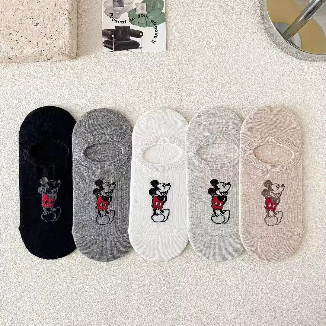 5 pares de calcetines cortos de Disney Mickey Mouse para mujer, calcetines cortos con estampado de dibujos animados de algodón, ligeros y transpirables para verano, para las cuatro estaciones