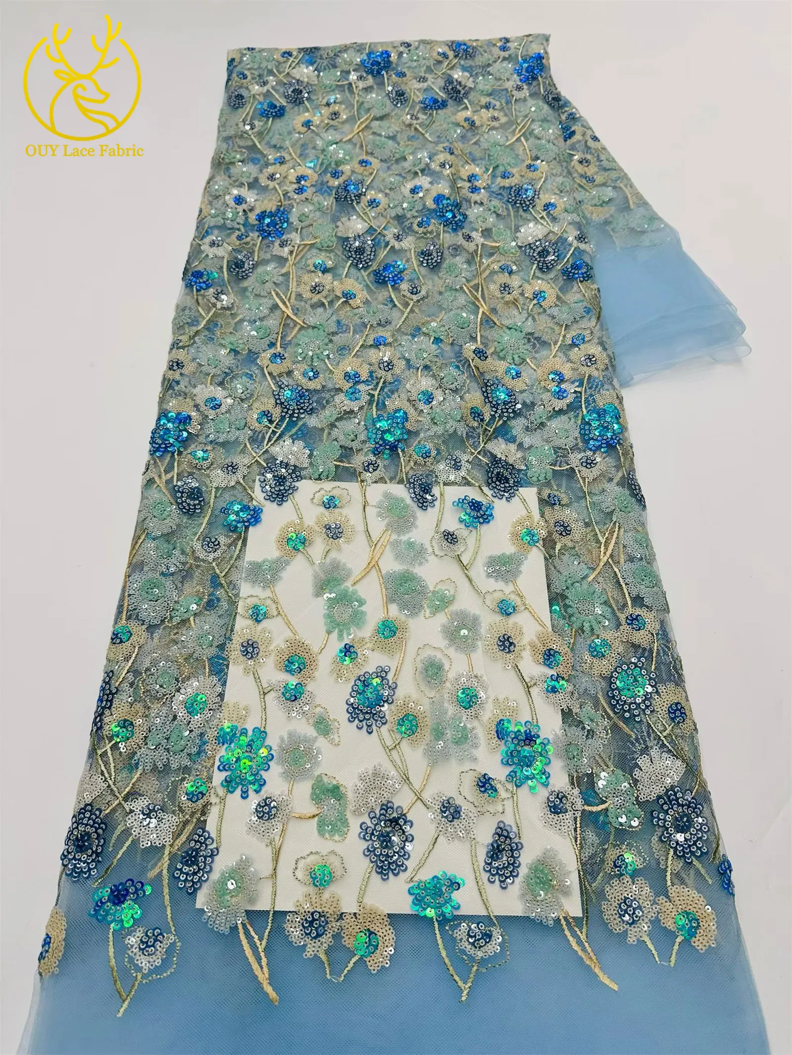 Luxuriöser afrikanischer Pailletten-Spitzenstoff, 5 Yards, hochwertige französische nigerianische Stickerei-Tüllspitze für Hochzeitsfeier, Brautkleid – Detail 16