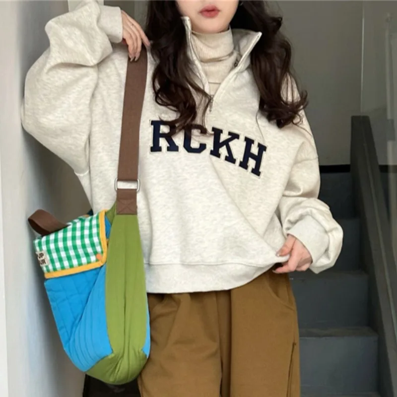Half Zipper Stand-up Neck Sweater Women's Spring and Autumn Thin 2025 New Loose Lazy Wind Small Short Top
