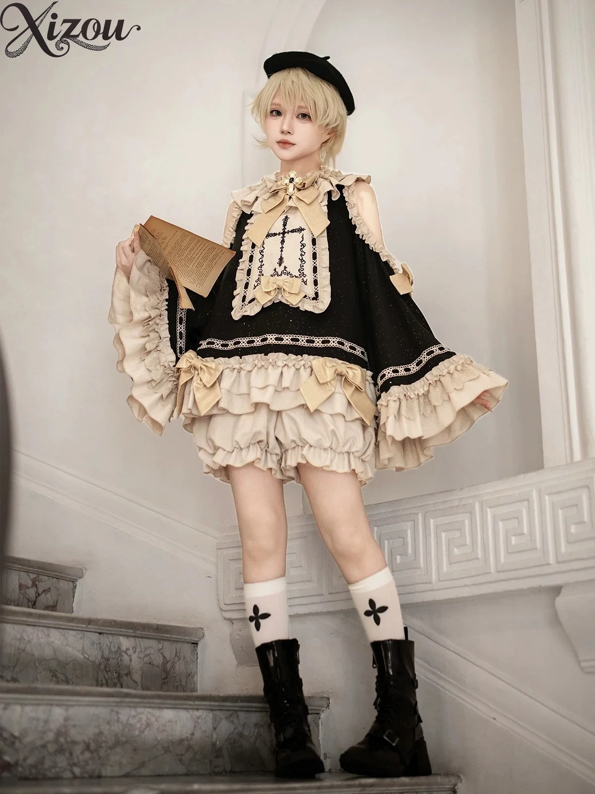 Women 2 Piece Sets Gothic Lolita Set Shoulder Flare Long Sleeve Top Ruffle Bow Cross Ruffled Shorts Set Prince Cosplay Outfit