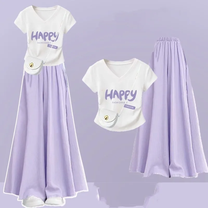 

Women Summer Slim Letter White T Shirts Chiffon Wide Leg Skirts Pants Two Piece Suits 2025 New Lady Casual Tops Trousers Sets