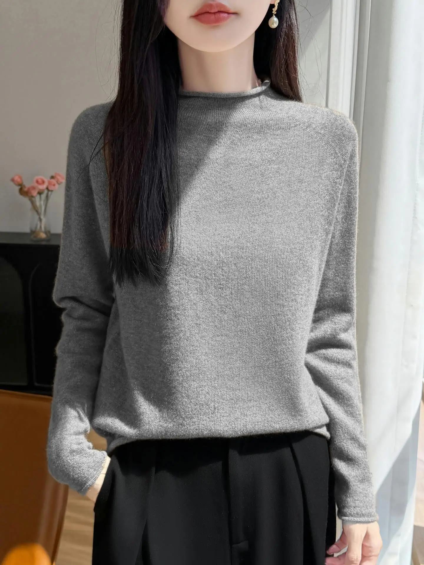 Minimalist Half-High Collar Long Sleeve Knitted Sweater Women's Pure Color Slim Fit Inner Wear Base Shirt Autumn Winter New A...