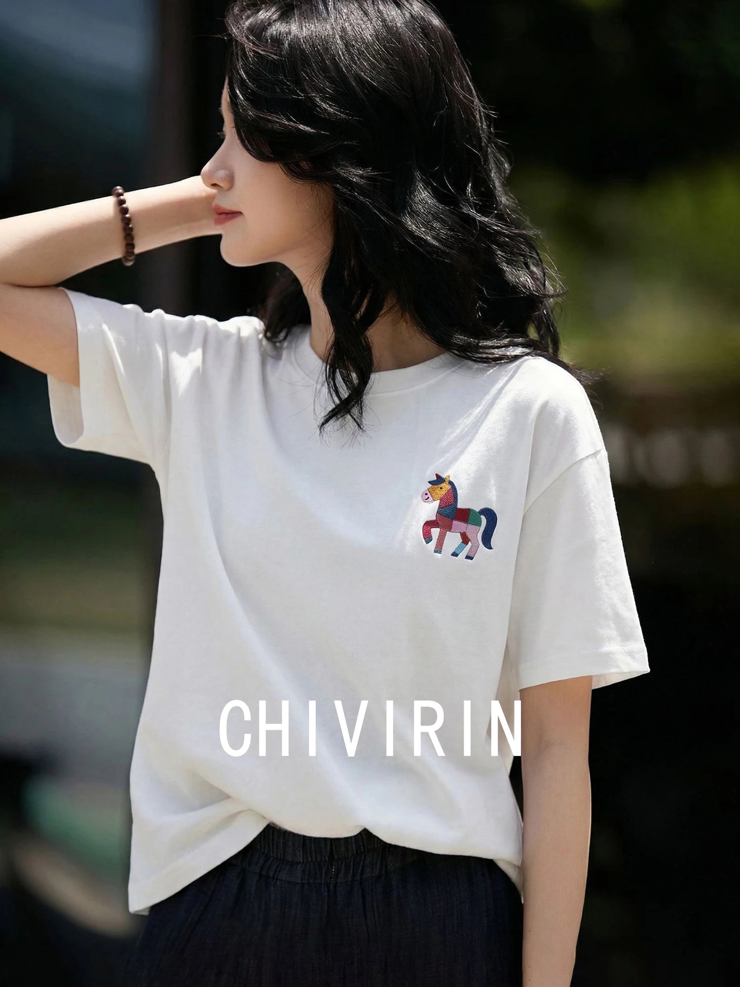 

Chivirin Pure Cotton Short Sleeve T-Shirt Women's Fashion Simple Style Print White Loose Top Breathable Summer Slimming