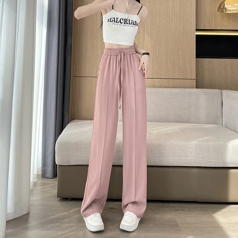 ผ้าไหมน้ําแข็งกางเกงขากว้างสําหรับผู้หญิงฤดูร้อนบางstyle2025 ใหม่ยอดนิยมเอวสูงแขวนผู้หญิงตรงหลอดครีมกันแดดกางเกง