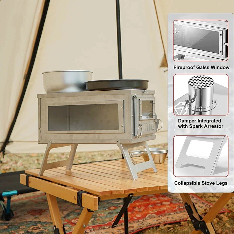 

Outdoor Tent Heater with Glass Windows Foldable Wood Burning Stove Camping Tent Stove Visual Tent Stove Camping Equipment