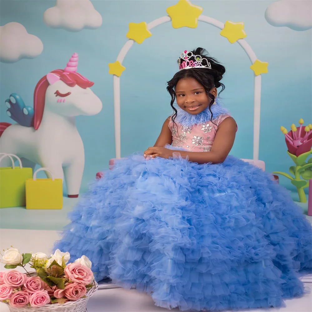 Vestidos de niña de flores con volantes de tul y plumas de lujo, falda acampanada con cuello alto de cristal, vestidos de graduación y cumpleaños escalonados para niños pequeños