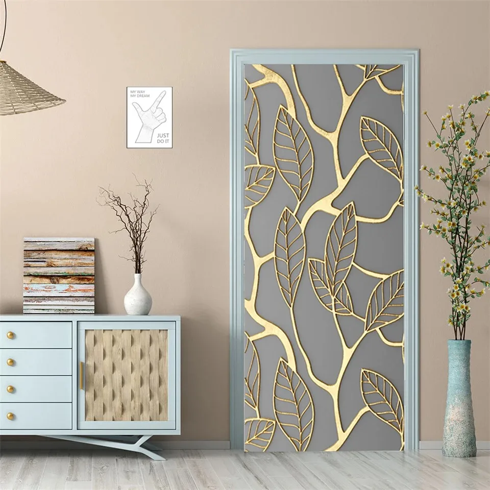 Luxury Gold Leaf Tropical Leaf Door Mural Sticker, Waterproof Removable Peel and Stick Door Decal for Bedroom Door Home Decor