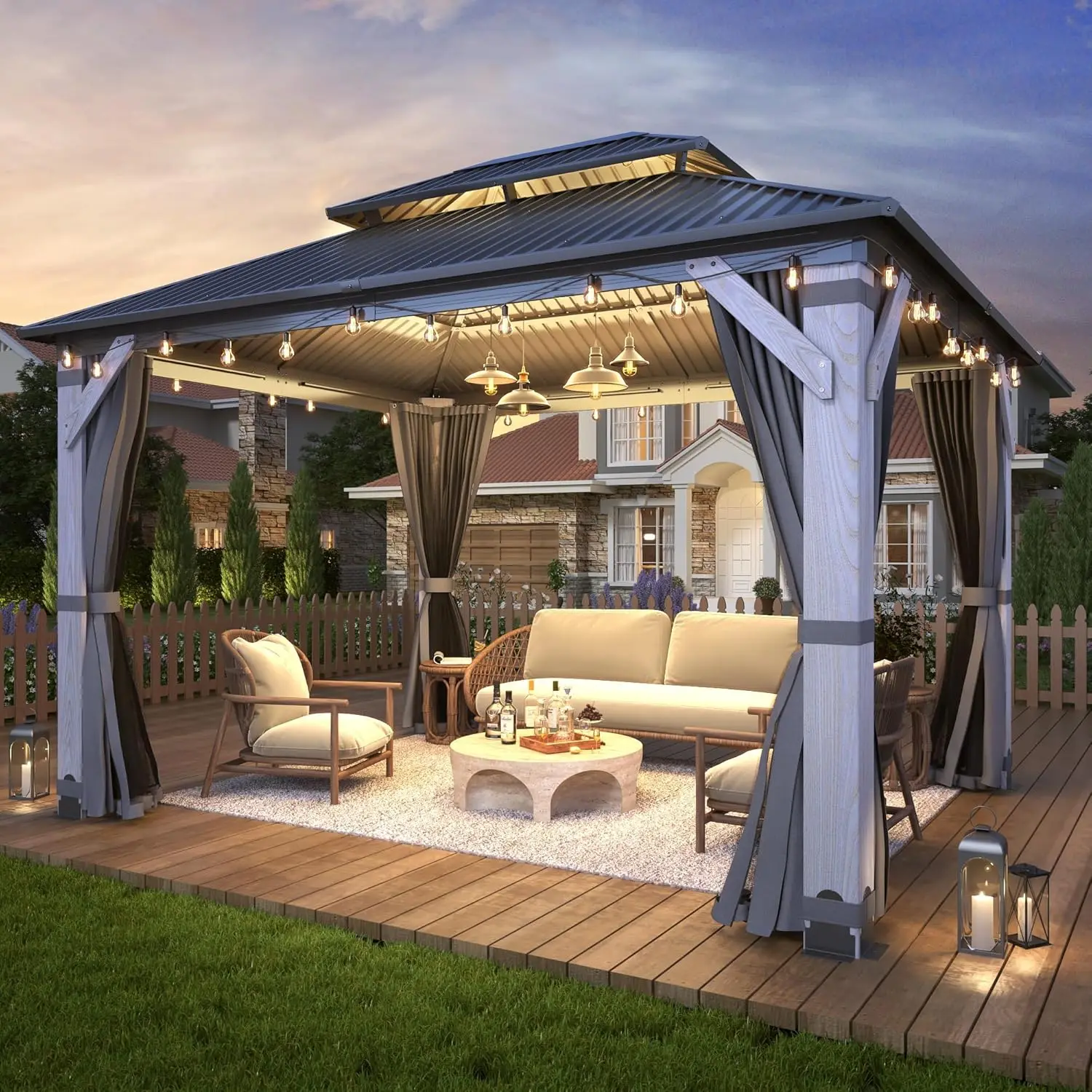 

10' x 12' Outdoor Wood Gazebo - Permanent Wooden Hardtop Gazebo Pavilion with Double Curtains, Poolside, Lawn, Backyard Deck