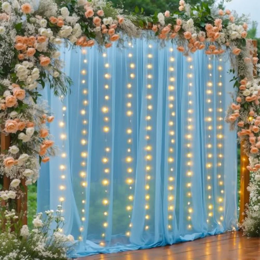 

20×10ft Blue Tulle Backdrop Curtain with Lights String for Parties, Sheer Photo Backdrop Curtains for Wedding Party Photography