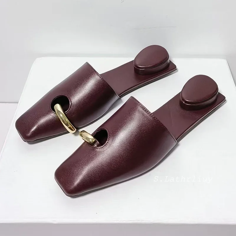 Summer Genuine Leather Metal Ring Flat Slipper Women Square Head Outdoor Half Slipper Spit Toe Lazy Mules Shoes Fashion Sandals