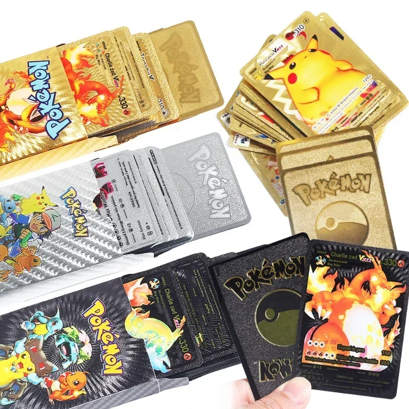 55PCS Pokemon Action Figure Anime Cards English Spanish French German Pokemon Cards Set Gold Silver Black Party Games Deck Toys