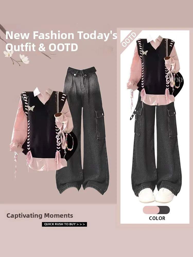 

Fashionable Pink Shirt Casual Loose Women's Jeans Vest Set College Style Three-Piece Suit Polyester Fiber Long Sleeve Co...