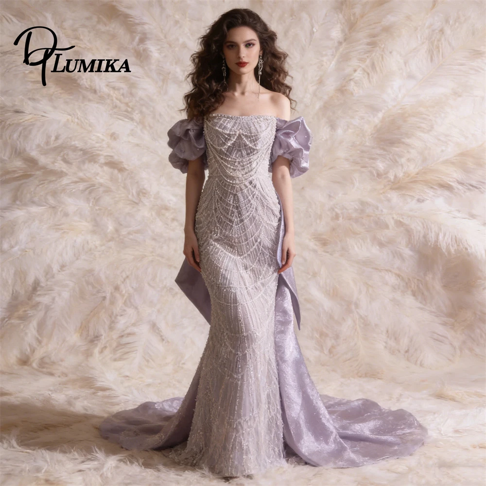 

Lilac Beaded Formal Dress for Women Off the Shoulder Prom Dresses with Detachable Shiny Tulle Train Women Evening Dresses