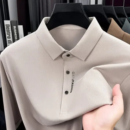 Men Lapel Collar Long Sleeve Polo Shirt Button Placket Simple Letter Print Soft Smooth Fabric Slim Fit Casual Daily Mens Tops