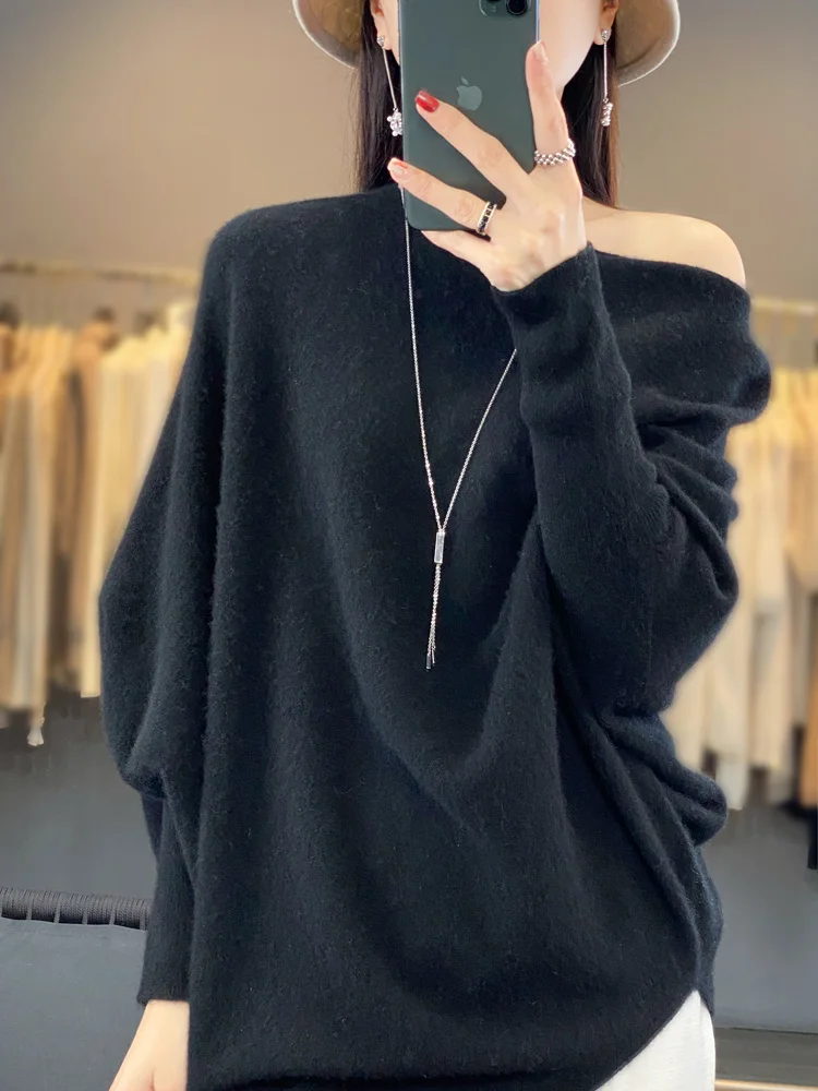 

New Chic Women Cashmere Sweater Slash Neck Wool Pullover 100% Merino Wool Knitwear Quality Soft Jumper Korean Popular Tops