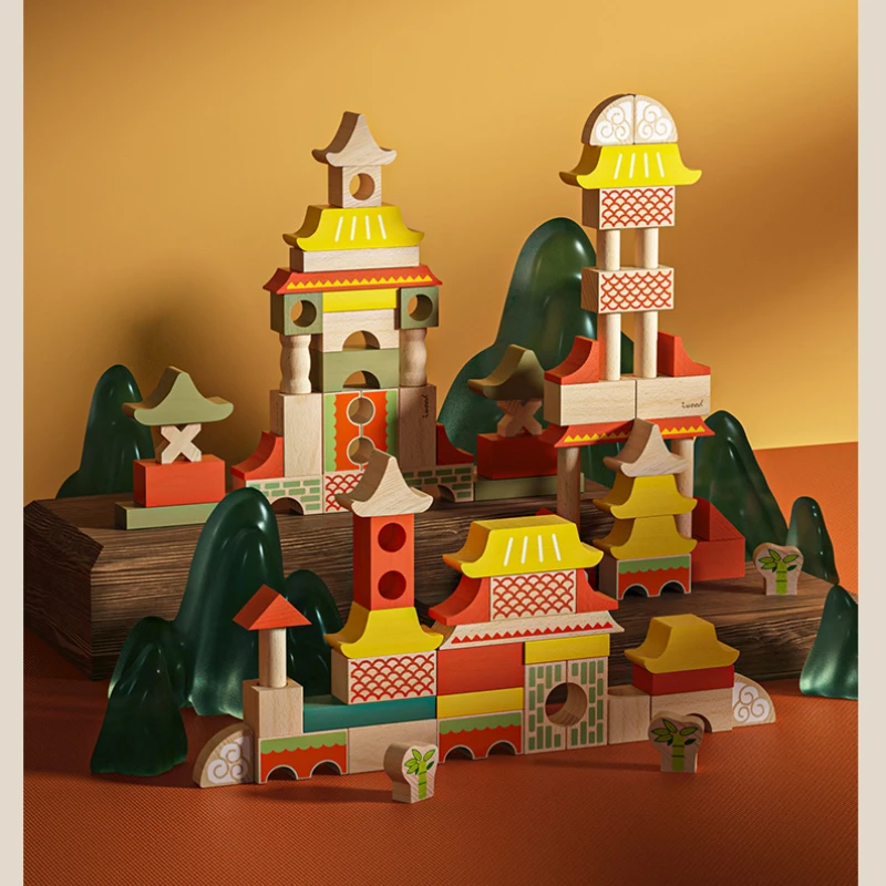 55pcs Wooden Puzzle Chinese Style Building Blocks Set Children Toy Constructor Stacking Board Games Montessori Interactive Toys