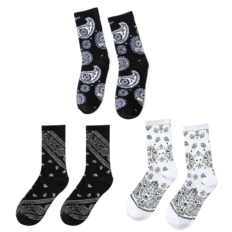 Women Men Ethnic Paisley Floral Print Socks Harajuku Hip Hop Black Skateboard Sport Cotton Hosiery