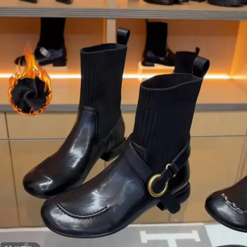 

Stretchy Knit Ankle Boots 2025 Autumn Winter Women's Slim Fit Round Toe Low Heel Booties Comfortable Vintage Casual Shoes