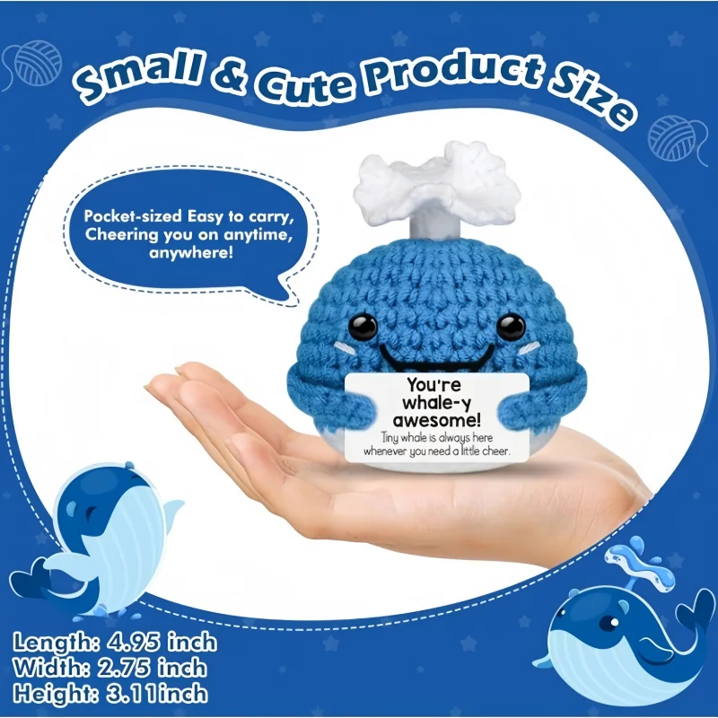 Funny Crochet Whale Dolls with Card Emotional Support Gifts Desktop Ornament Handmade Knitted Figurines Home Room Decorations