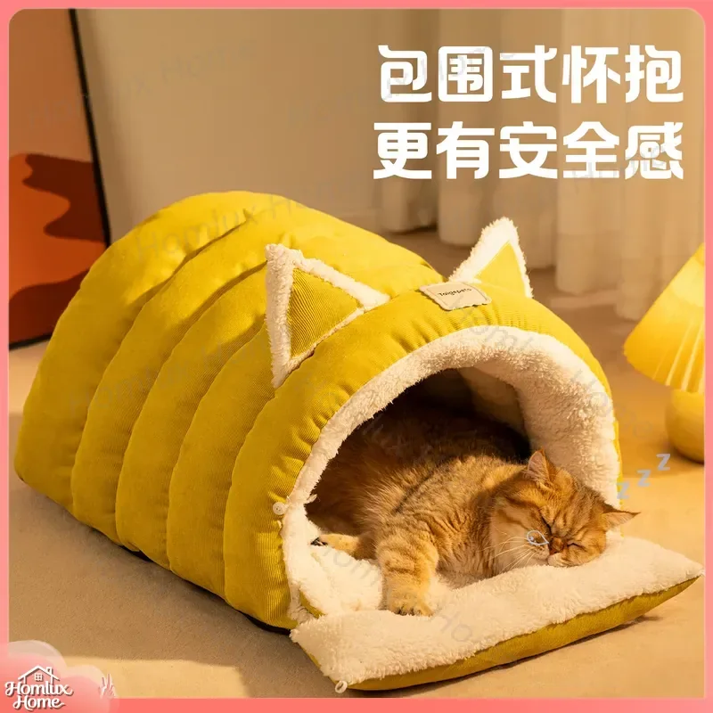 Thickened Velvet Cat Bed with Enclosed Design for Warm Winter Sleep All Season Universal Pet Litter Cat House Safe Cozy Cat
