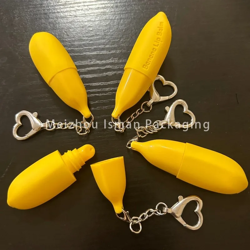 

50Pcs Cute Empty Fruit Banana Shape Lip Balm Lipstick Container Lip Oil Lip Gloss Tube With Heart Keychain for Cosmetic 10g