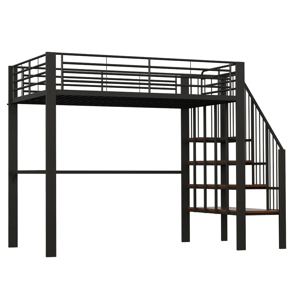 Stabiles Hochbett aus Metall, 90 x 200 cm/140 x 200 cm, mit geräumigem Stauraum unter dem Bett und Treppe für Kinder und Erwachsene, Bettgestelle und -gestelle – Detail 17