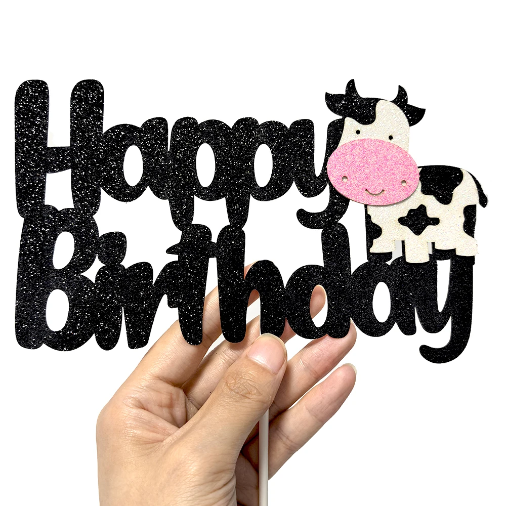 Cow Cake Topper Happy Birthday Cake Decoration Cupcake Toppers Farm Cow Theme Baby Shower Boys Girls Birthday Party Supplies